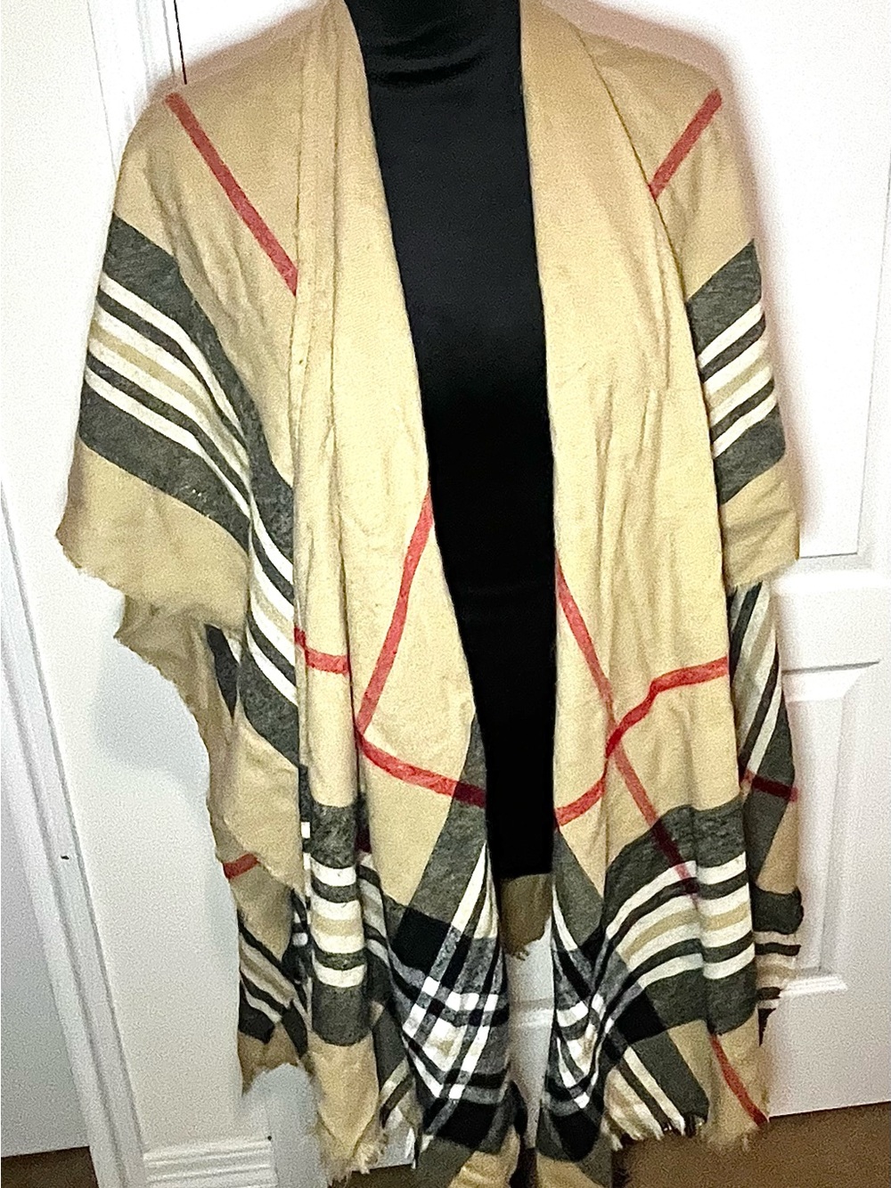Beige Plaid Poncho Wrap with Classic Tartan pattern